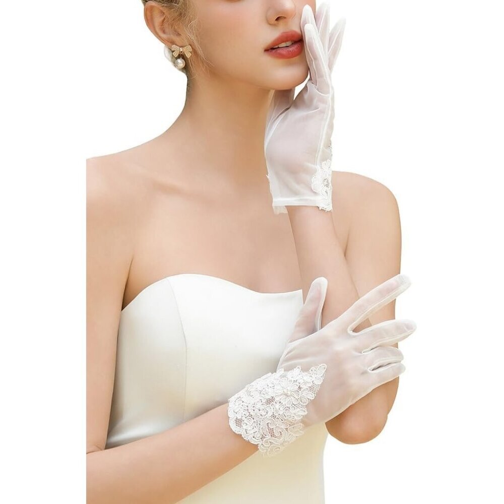 Women's Lvory-5 Short Pearls Lace Border Mesh Gloves Wedding Formal Party Prom